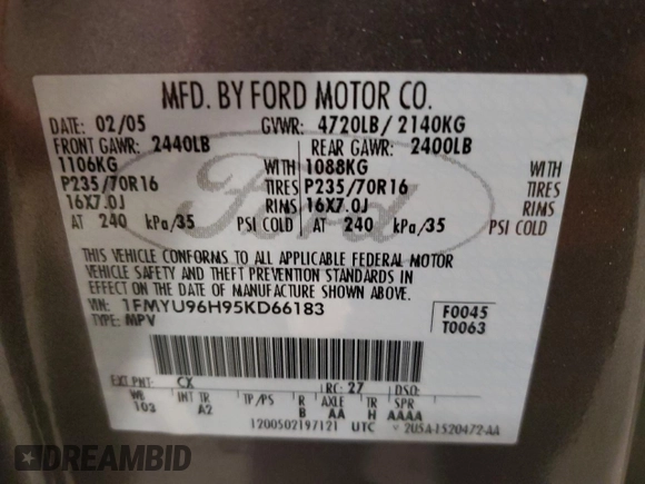 2005 Ford Escape Hybrid with VIN 1FMYU96H95KD66183, listed as a Copart auction lot 76875164 with 175,230 mi miles and Salvage title. Bid and sale history available at DreamBid. Image 15.