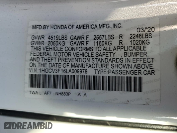 2020 Honda Accord with VIN 1HGCV3F16LA009978, listed as a Copart auction lot 44102665 with 49,005 mi miles and Salvage Title. Bid and sale history available at DreamBid. Image 14.