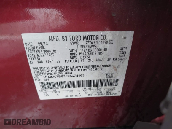 2014 Ford Explorer with VIN 1FM5K7B83EGA74163, listed as a IAAI auction lot 41754993 with 214,548 mi miles and . Bid and sale history available at DreamBid. Image 9.