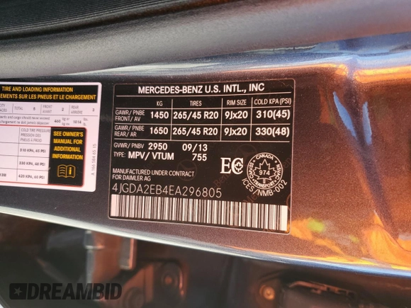 2014 Mercedes-Benz M 350 with VIN 4JGDA2EB4EA296805, listed as a Copart auction lot 47339945 with 150,457 mi miles and Salvage Title. Bid and sale history available at DreamBid. Image 14.