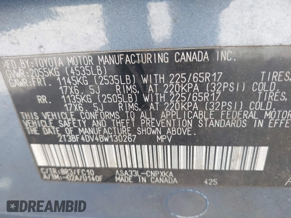 2011 Toyota RAV4 with VIN 2T3BF4DV4BW130267, listed as a IAAI auction lot 42031615 with 222,080 mi miles. Bid and sale history available at carsss.com. Image 9.