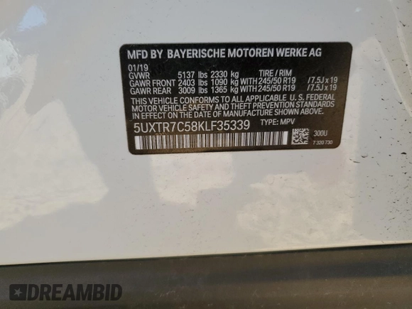 2019 BMW X3 sDrive30i with VIN 5UXTR7C58KLF35339, listed as a Copart auction lot 49453815 with 64,861 mi miles and Salvage Title. Bid and sale history available at DreamBid. Image 14.
