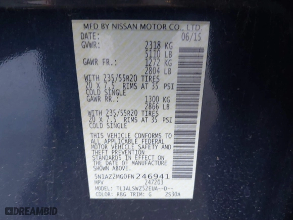 2015 Nissan Murano S with VIN 5N1AZ2MG0FN246941, listed as a IAAI auction lot 41353183 with 111,619 mi miles. Bid and sale history available at carsss.com. Image 9.