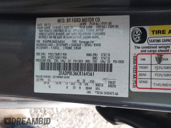 2012 Ford Fusion Hybrid с VIN 3FADP0L36CR164561, выставлен на аукционе IAAI как лот 42126136 с пробегом 172 387 миль миль и . История ставок и продаж доступна на DreamBid. Изображение 9.