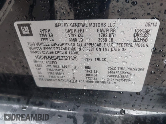 2014 Chevrolet Silverado 1500 LT with VIN 1GCVKREC4EZ327320, listed as a IAAI auction lot 42063939 with 132,317 mi miles and . Bid and sale history available at DreamBid. Image 9.