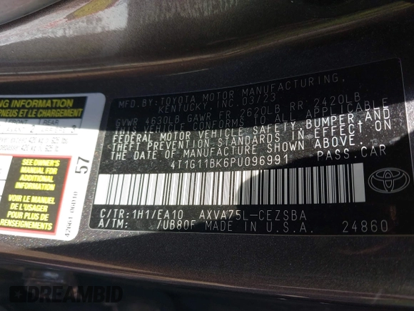2023 Toyota Camry SE z VIN 4T1G11BK6PU096991, wystawiony jako IAAI lot #42062219 z przebiegiem 82 824 mil mil oraz . Historia ofert i sprzedaży dostępna na DreamBid. Obrazek 9.