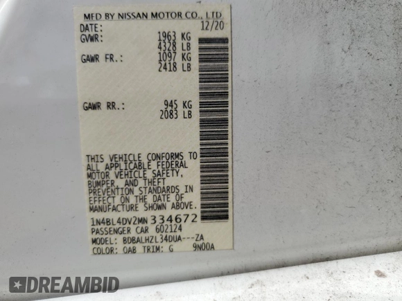 2021 Nissan Altima SV with VIN 1N4BL4DV2MN334672, listed as a Copart auction lot 52707795 with 67,969 mi miles and Salvage title. Bid and sale history available at DreamBid. Image 12.