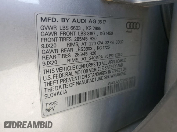 2017 Audi Q7 Premium Plus with VIN WA1LAAF73HD056615, listed as a Copart auction lot 50899715 with 157,742 mi miles and Clean Title. Bid and sale history available at carsss.com. Image 13.