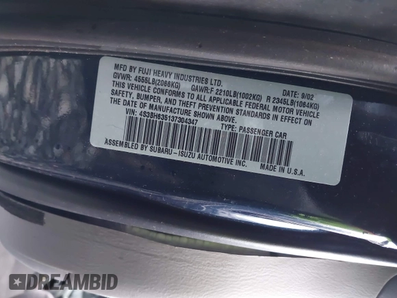 2003 Subaru Legacy L with VIN 4S3BH635137304347, listed as a IAAI auction lot 41493916 with 183,287 mi miles and . Bid and sale history available at DreamBid. Image 9.