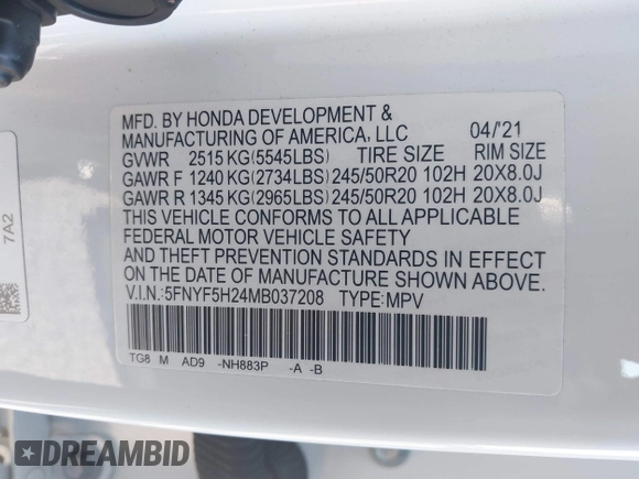 2021 Honda Pilot Special Edition with VIN 5FNYF5H24MB037208, listed as a IAAI auction lot 41319708 with 64,633 mi miles and . Bid and sale history available at DreamBid. Image 9.
