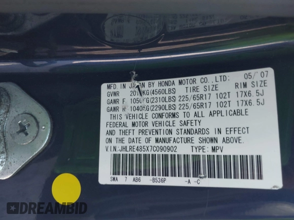 2007 Honda CR-V EX z VIN JHLRE485X7C090902, wystawiony jako IAAI lot #42359995 z przebiegiem 292 022 mil mil oraz . Historia ofert i sprzedaży dostępna na DreamBid. Obrazek 9.