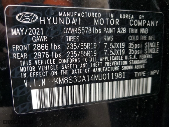 2021 Hyundai Santa Fe Hybrid SEL Premium with VIN KM8S3DA14MU011981, listed as a Copart auction lot 87462404 with NaN miles and Salvage Title. Bid and sale history available at carsss.com. Image 13.