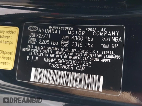 2012 Hyundai Genesis Coupe Grand Touring with VIN KMHHU6KH9CU071252, listed as a IAAI auction lot 42358871 with 92,528 mi miles and . Bid and sale history available at DreamBid. Image 9.