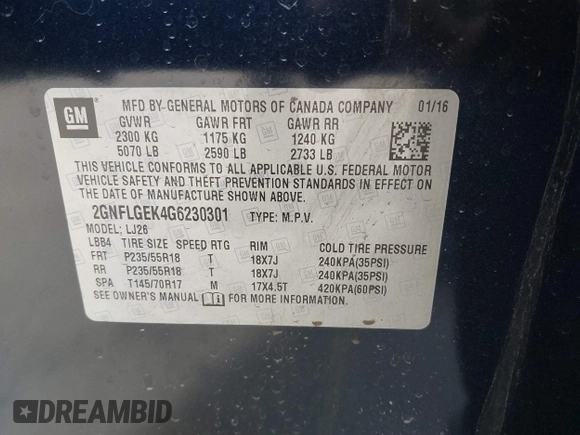 2016 Chevrolet Equinox LTZ with VIN 2GNFLGEK4G6230301, listed as a IAAI auction lot 41755028 with 97,194 mi miles. Bid and sale history available at carsss.com. Image 9.