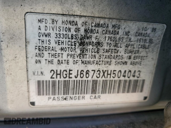 1999 Honda Civic LX with VIN 2HGEJ6673XH504043, listed as a Copart auction lot 55201185 with 220,352 mi miles and Clean Title. Bid and sale history available at carsss.com. Image 12.