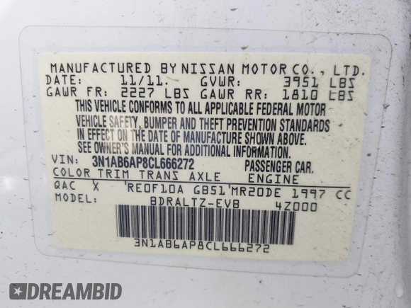 2012 Nissan Sentra S with VIN 3N1AB6AP8CL666272, listed as a IAAI auction lot 41392965 with Not Provided miles and . Bid and sale history available at DreamBid. Image 9.