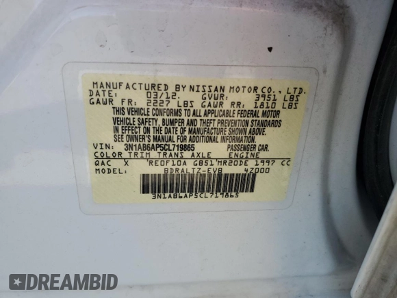 2012 Nissan Sentra SR z VIN 3N1AB6AP5CL719865, wystawiony jako Copart lot #55137395 z przebiegiem 191 434 mil mil oraz Szkoda całkowita • Salvage title. Historia ofert i sprzedaży dostępna na DreamBid. Obrazek 12.