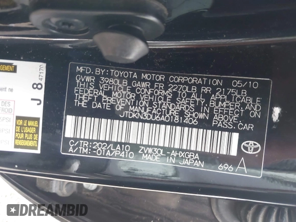 2010 Toyota Prius II with VIN JTDKN3DU6A0181406, listed as a IAAI auction lot 41512820 with 204,839 mi miles. Bid and sale history available at carsss.com. Image 9.