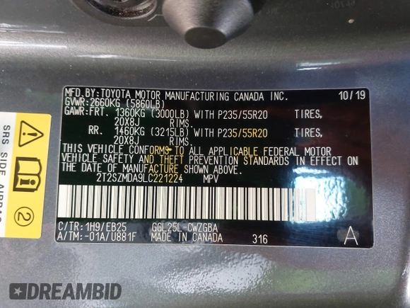 2020 Lexus RX with VIN 2T2SZMDA9LC221224, listed as a IAAI auction lot 41823952 with 139,612 mi miles. Bid and sale history available at carsss.com. Image 9.