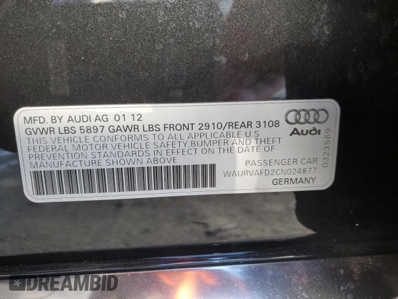 2012 Audi A8 L with VIN WAURVAFD2CN024877, listed as a Copart auction lot 45857735 with 104,641 mi miles and Salvage Title. Bid and sale history available at carsss.com. Image 12.