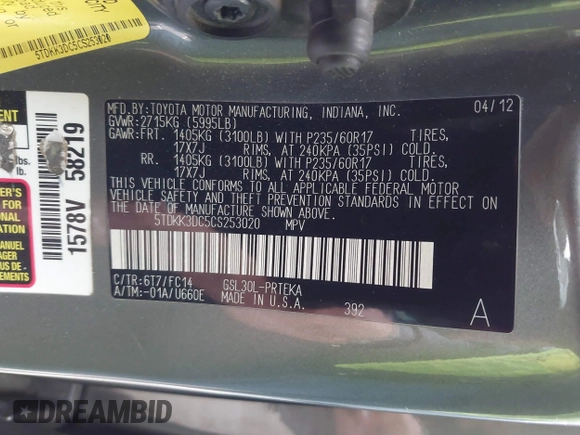 2012 Toyota Sienna LE AAS with VIN 5TDKK3DC5CS253020, listed as a IAAI auction lot 40900034 with 208,421 mi miles. Bid and sale history available at carsss.com. Image 9.