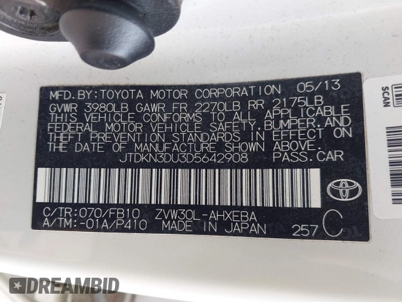 2013 Toyota Prius One with VIN JTDKN3DU3D5642908, listed as a IAAI auction lot 42079977 with 151,986 mi miles and . Bid and sale history available at carsss.com. Image 9.