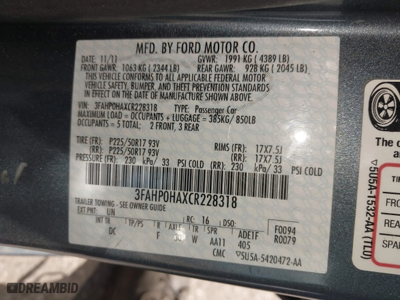 2012 Ford Fusion SE with VIN 3FAHP0HAXCR228318, listed as a IAAI auction lot 42048711 with 76,700 mi miles. Bid and sale history available at carsss.com. Image 9.