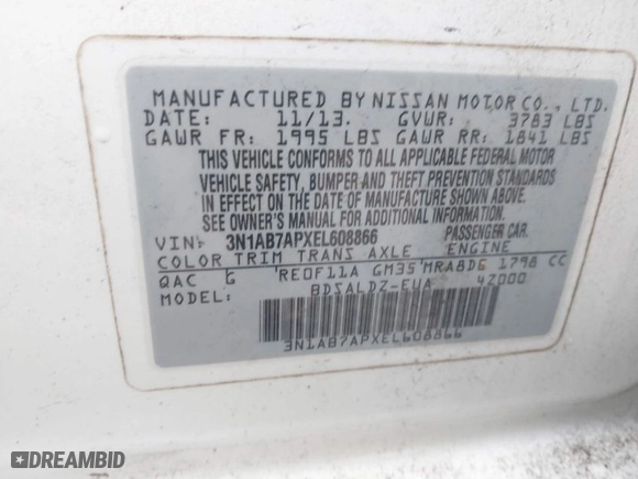2014 Nissan Sentra SV with VIN 3N1AB7APXEL608866, listed as a IAAI auction lot 41557136 with 119,415 mi miles. Bid and sale history available at carsss.com. Image 9.