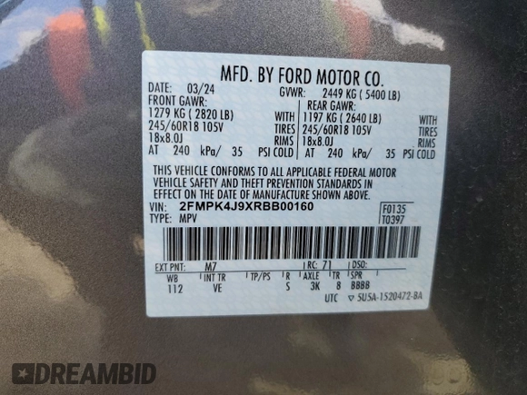 2024 Ford Edge SEL with VIN 2FMPK4J9XRBB00160, listed as a Copart auction lot 46745995 with 7,907 mi miles and Non Repairable. Bid and sale history available at carsss.com. Image 13.