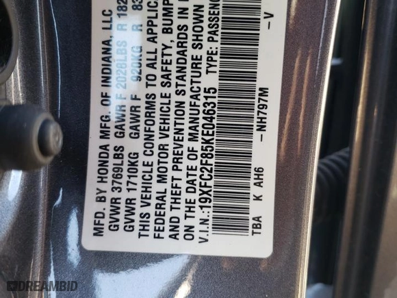 2019 Honda Civic Sedan Sport with VIN 19XFC2F85KE046315, listed as a Copart auction lot 47567155 with 56,983 mi miles and Salvage Title. Bid and sale history available at carsss.com. Image 13.
