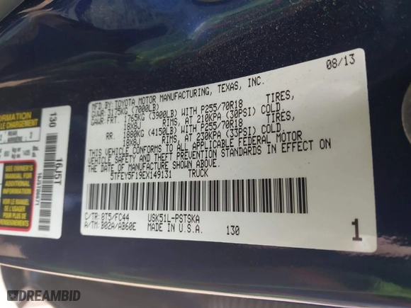 2014 Toyota Tundra 2WD Truck SR5 with VIN 5TFEY5F19EX149131, listed as a IAAI auction lot 41757960 with NaN miles. Bid and sale history available at carsss.com. Image 9.
