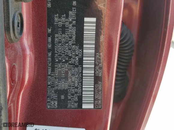 2007 Toyota Tundra SR5 with VIN 5TBDV54127S474681, listed as a Copart auction lot 66521894 with 259,442 mi miles and Salvage Title. Bid and sale history available at carsss.com. Image 12.