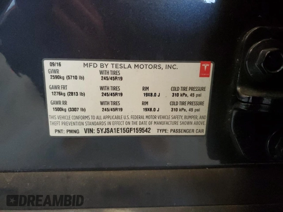 2016 Tesla Model S 70 with VIN 5YJSA1E15GF159542, listed as a Copart auction lot 58253965 with 70,373 mi miles and Salvage title. Bid and sale history available at DreamBid. Image 12.