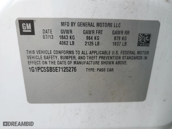 2014 Chevrolet Cruze 1LT with VIN 1G1PC5SB5E7125276, listed as a Copart auction lot 53361615 with 153,470 mi miles and Clean Title. Bid and sale history available at carsss.com. Image 12.