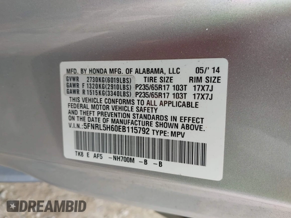 2014 Honda Odyssey EX-L with VIN 5FNRL5H60EB115792, listed as a IAAI auction lot 42064607 with 191,055 mi miles and . Bid and sale history available at carsss.com. Image 9.