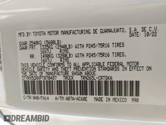 2023 Toyota Tacoma SR с VIN 3TYRX5GNXPT070487, выставлен на аукционе IAAI как лот 41895233 с пробегом 73 795 миль миль и . История ставок и продаж доступна на DreamBid. Изображение 9.