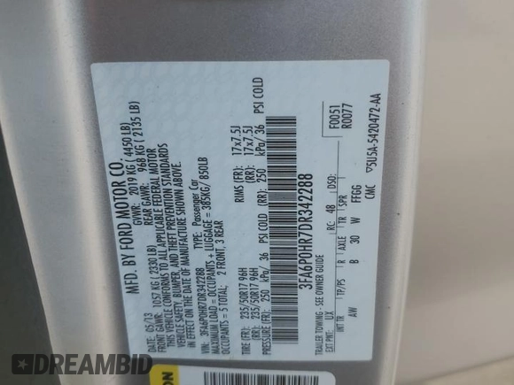2013 Ford Fusion SE with VIN 3FA6P0HR7DR342288, listed as a Copart auction lot 58178025 with 189,211 mi miles and Salvage title. Bid and sale history available at DreamBid. Image 12.