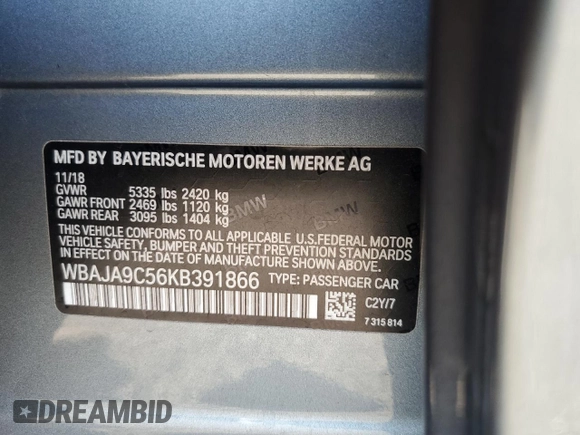2019 BMW 5 Series 530e with VIN WBAJA9C56KB391866, listed as a Copart auction lot 46541905 with Not provided miles and Salvage title. Bid and sale history available at DreamBid. Image 14.