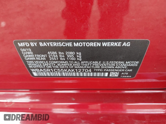 2019 BMW 3 Series 330i with VIN WBA5R1C55KAK12704, listed as a IAAI auction lot 41772453 with Not Provided miles and . Bid and sale history available at DreamBid. Image 9.