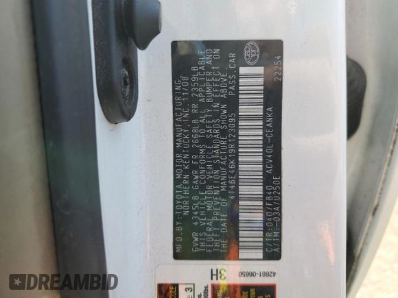 2009 Toyota Camry with VIN 4T4BE46K19R123095, listed as a Copart auction lot 50971475 with 247,749 mi miles and Salvage Title. Bid and sale history available at DreamBid. Image 12.