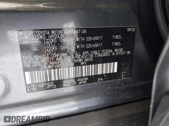 2023 Toyota RAV4 Hybrid LE with VIN JTMLWRFV6PD203044, listed as a IAAI auction lot 42320080 with 95,747 mi miles and . Bid and sale history available at DreamBid. Image 9.
