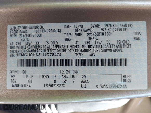 2020 Ford Escape SEL with VIN 1FMCU0H63LUC78474, listed as a IAAI auction lot 41673765 with 73,947 mi miles and . Bid and sale history available at carsss.com. Image 9.