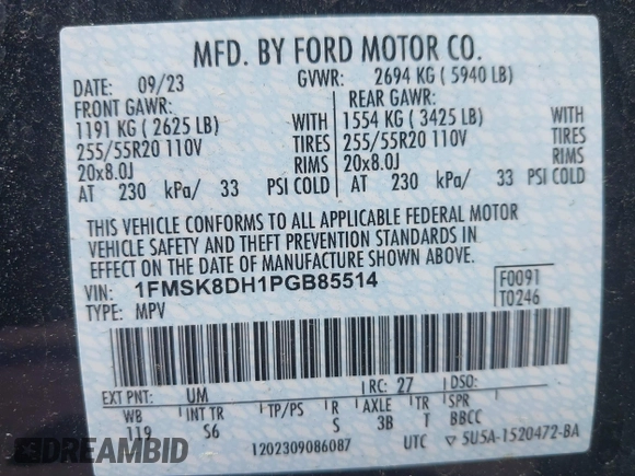 2023 Ford Explorer XLT with VIN 1FMSK8DH1PGB85514, listed as a IAAI auction lot 42025678 with 44,600 mi miles. Bid and sale history available at carsss.com. Image 9.