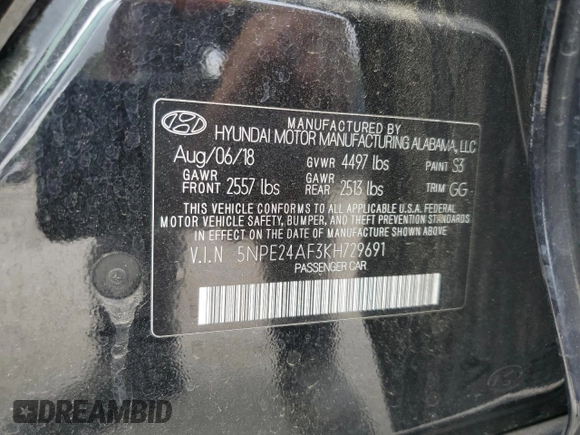 2019 Hyundai Sonata SE with VIN 5NPE24AF3KH729691, listed as a Copart auction lot 51543545 with 100,036 mi miles and Non Repairable. Bid and sale history available at DreamBid. Image 14.