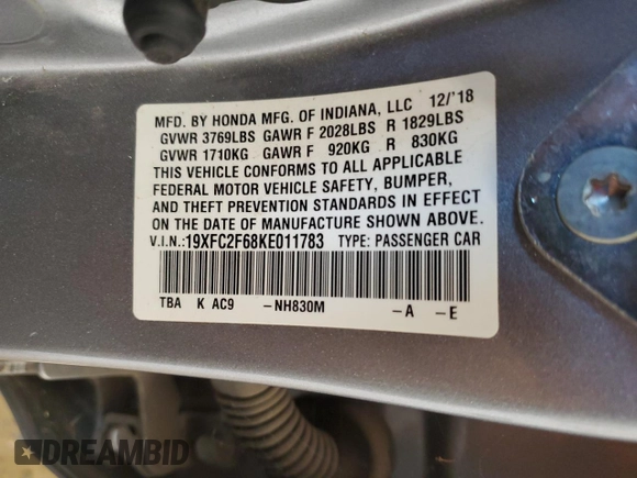 2019 Honda Civic LX with VIN 19XFC2F68KE011783, listed as a Copart auction lot 55649875 with 77,266 mi miles and Clean Title. Bid and sale history available at DreamBid. Image 13.