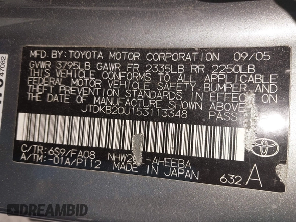 2005 Toyota Prius with VIN JTDKB20U153113348, listed as a IAAI auction lot 42048356 with 230,089 mi miles. Bid and sale history available at carsss.com. Image 9.
