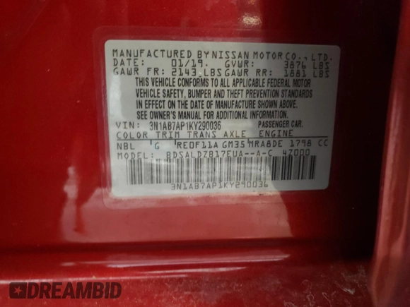 2019 Nissan Sentra S with VIN 3N1AB7AP1KY290036, listed as a Copart auction lot 47744265 with 59,906 mi miles and Salvage Title. Bid and sale history available at DreamBid. Image 12.