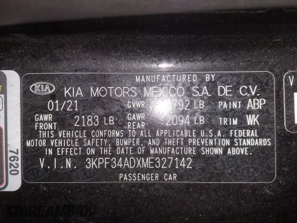 2021 Kia Forte GT-Line with VIN 3KPF34ADXME327142, listed as a IAAI auction lot 41654841 with 201,017 mi miles and . Bid and sale history available at DreamBid. Image 9.