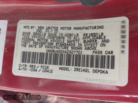 2010 Toyota Corolla with VIN 1NXBU4EEXAZ327701, listed as a IAAI auction lot 42030340 with 210,690 mi miles and . Bid and sale history available at DreamBid. Image 9.