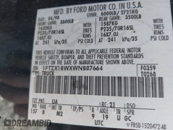 1998 Ford F-150 с VIN 1FTZX18WXWNB87664, выставлен на аукционе IAAI как лот 41508340 с пробегом 276 281 миль миль и . История ставок и продаж доступна на DreamBid. Изображение 9.